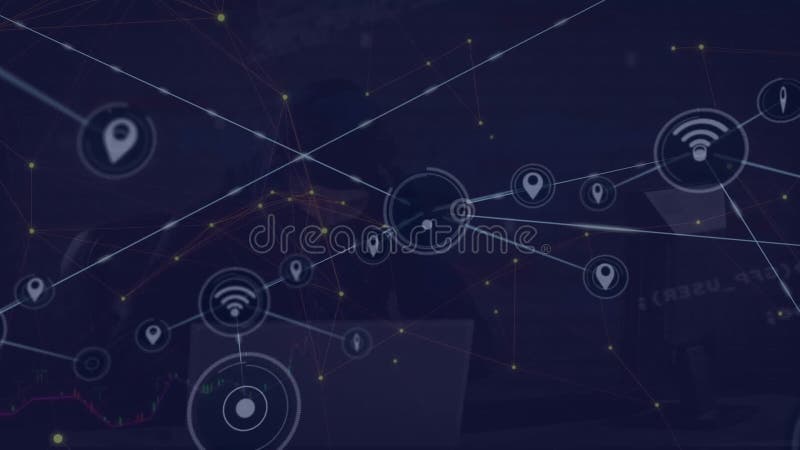 Animation of network of connections with icons and data processing over caucasian hacker vector illustration