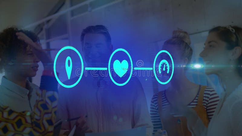 Animation of network of connections with icons over business colleagues royalty free illustration