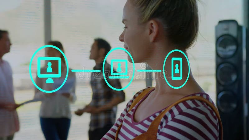 Animation of network of connections with icons over business colleagues stock illustration