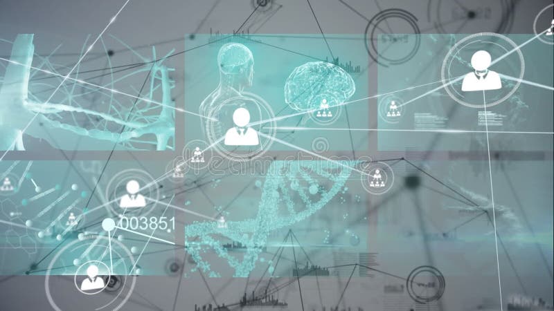 Animation of network of connections with icons over data processing on white background stock illustration