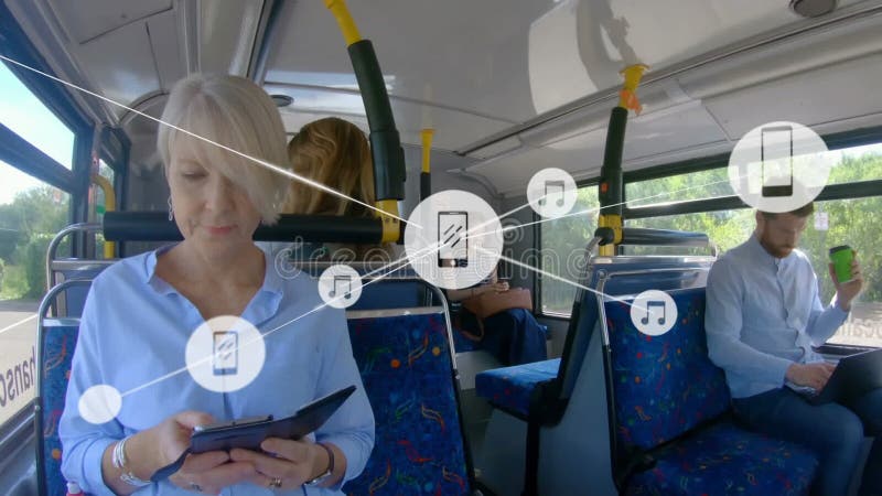 Animation of network of connections with icons over diverse people using smartphones in bus