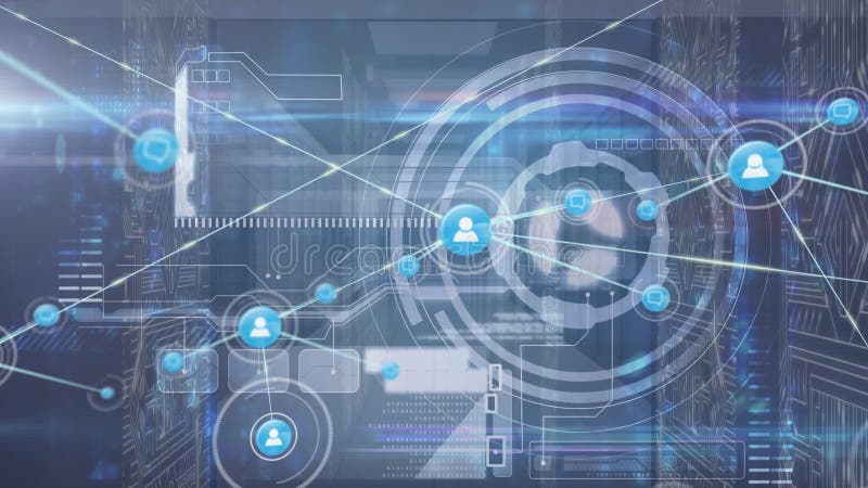 Animation of network of connections with icons over server room and data processing royalty free illustration