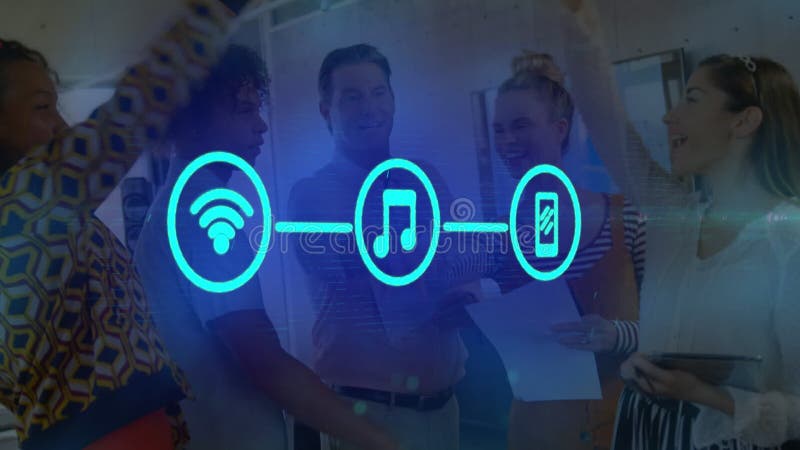 Animation of network of connections with icons over smiling business colleagues hand stacking stock video