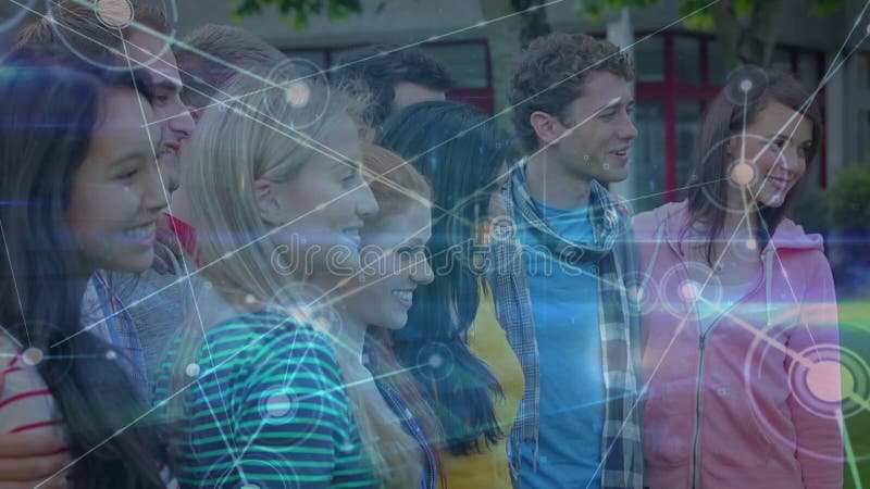 Animation of network of connections and light trails over diverse people stock video