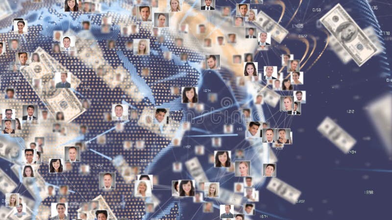 Animation of network of connections of multiple photos forming a globe stock illustration