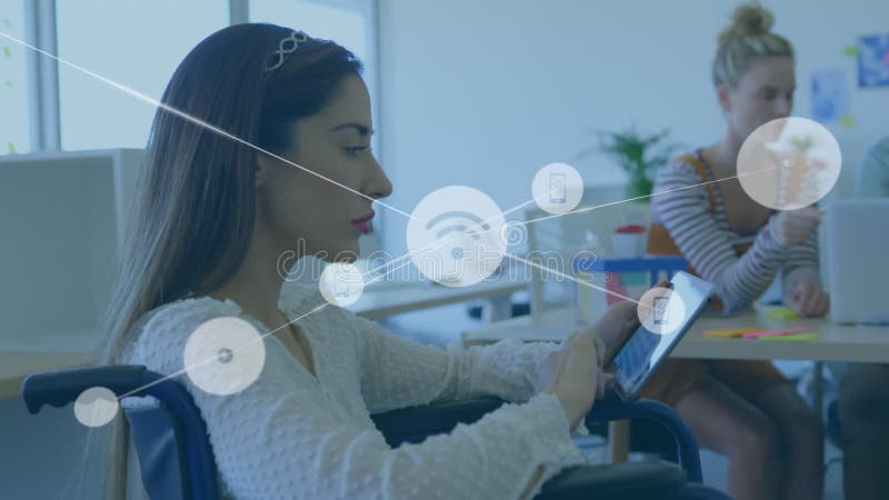 Animation of network of connections over disabled cuacasian woman sitting in wheelchair stock footage