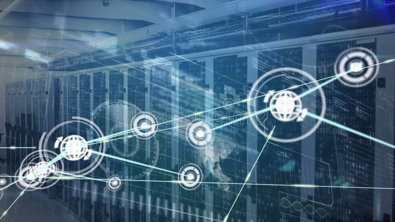 Animation of network of connections over server room stock illustration