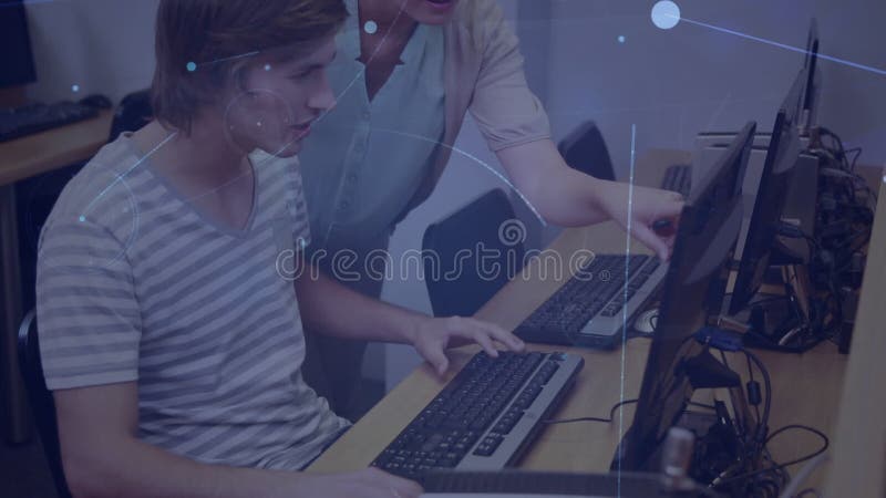 Animation of network of connections over students using computers stock footage
