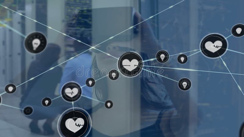Animation of network of digital icons against biracial woman wearing VR headset at office stock illustration