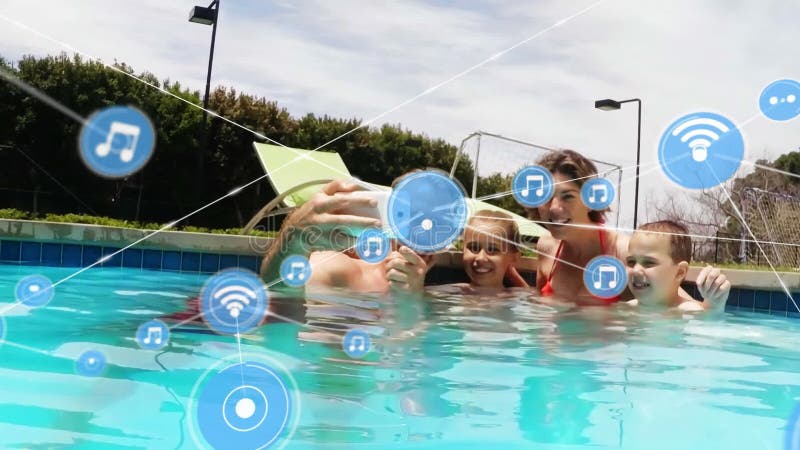 Animation of network of digital icons against Caucasian family taking a selfie in the pool stock illustration
