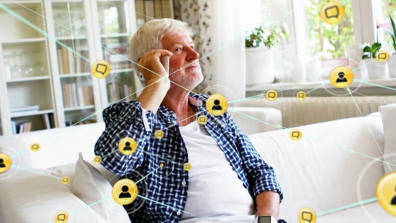 Animation of network of digital icons against Caucasian senior man talking on smartphone stock illustration