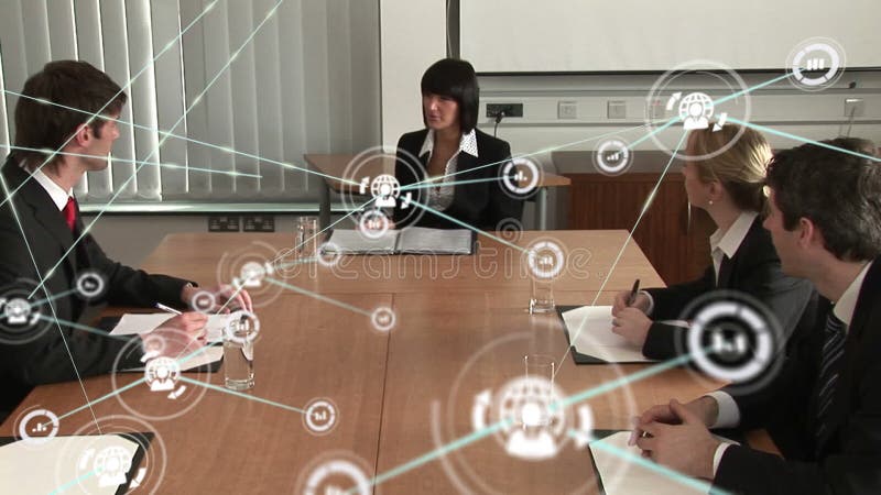 Animation of network of digital icons against group of diverse businesspeople discussing at office stock illustration