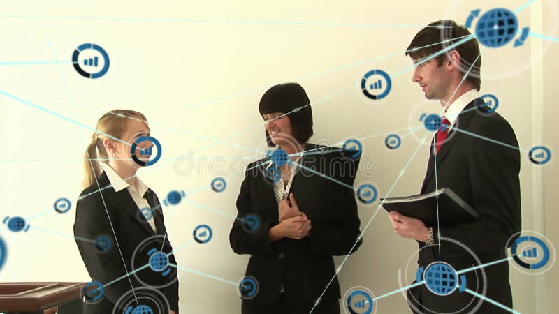 Animation of network of digital icons against group of diverse businesspeople discussing at office royalty free illustration