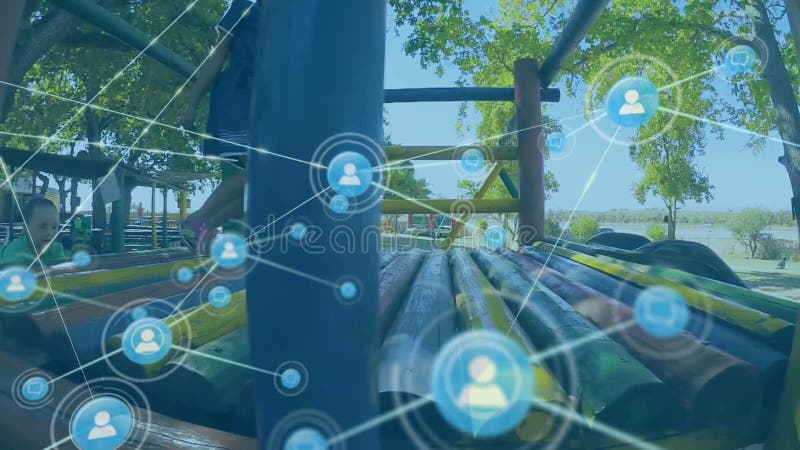 Animation of network of digital icons over biracial girl playing in the park vector illustration