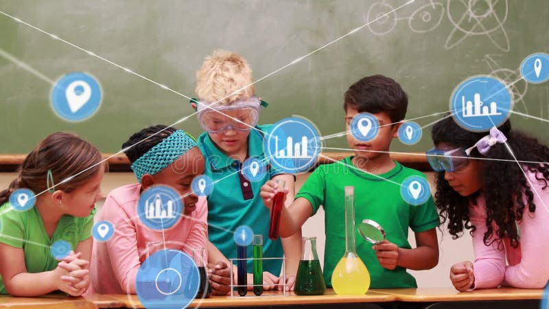 Animation of network of digital icons over diverse students performing experiment in science class royalty free illustration