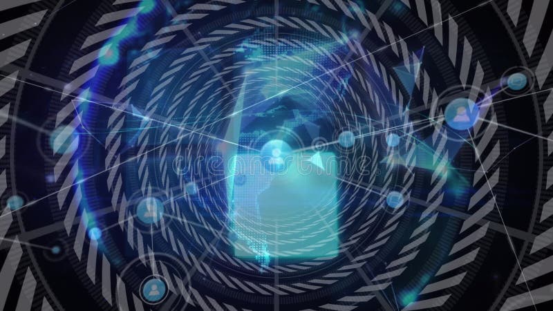 Animation network green and icons and network of connections on black background royalty free illustration