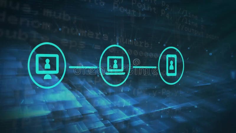 Animation of network of icons and binary coding data processing. Global connections, computing and data processing concept digitally generated video. Binary coding data processing video