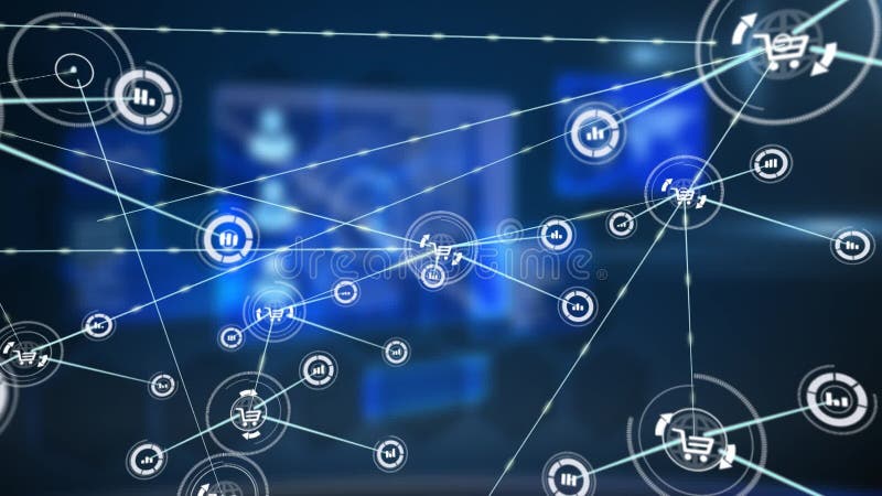 Animation network of network of connections with icons over network of connections network spinning stock illustration