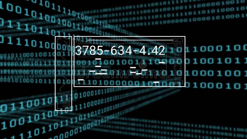 Animation of numeric data processing on screen over binary coding. Digital interface, connection, data, processing and communication, digitally generated video. Binary coding data processing video