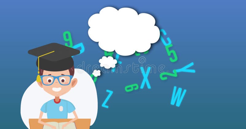 Animation numérique d'icône d'écolier à l'égard des chiffres et des alphabets changeants multiples sur le bleu backgro illustration libre de droits