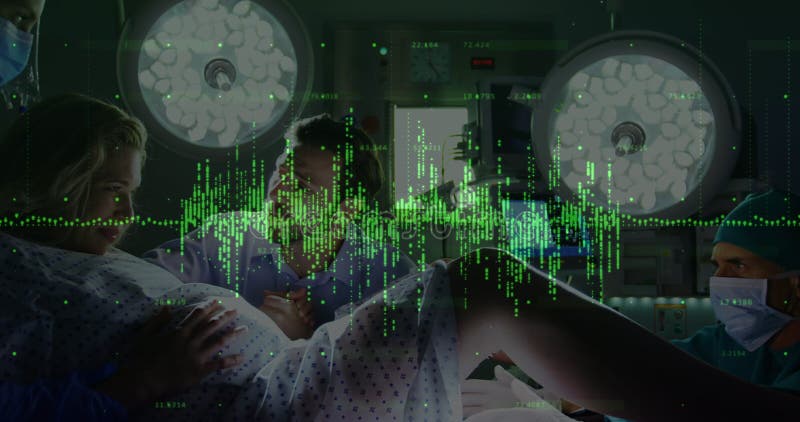Animation numérique de l'informatique financière contre la femme qui accouchent dans la chambre de travail à l'hôpital illustration de vecteur