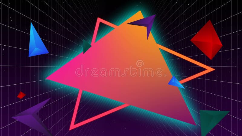 Animation numérique de la forme d'un triangle de néons et des formes multicolores de triangle se déplaçant à l'encontre des lignes illustration stock