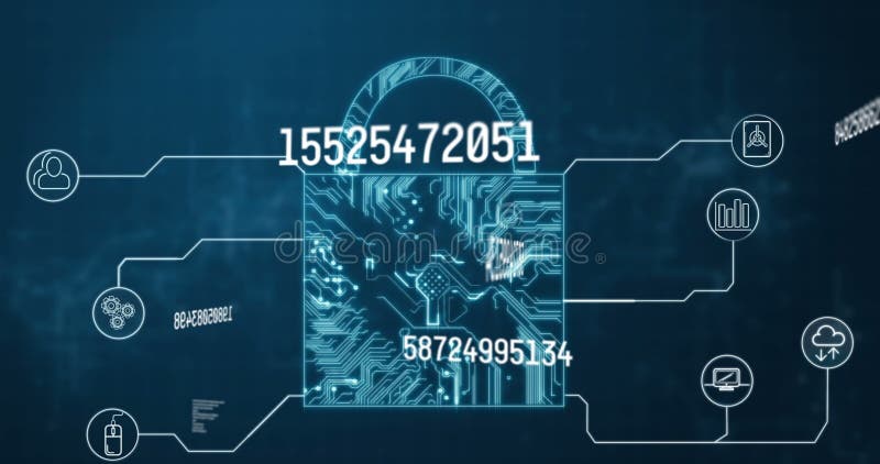 Animation numérique des chiffres changeants sur l'icône de cadenas de sécurité sur le fond bleu. illustration libre de droits