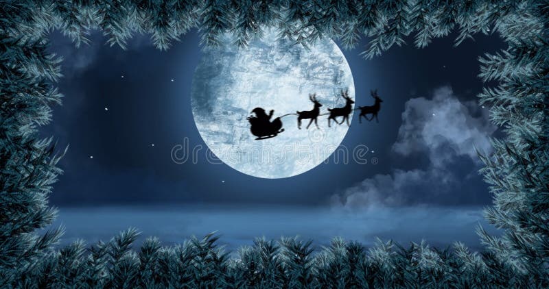 Animation numérique des feuilles formant un cadre au-dessus de silhouette noire du père noël dans le traîneau illustration de vecteur