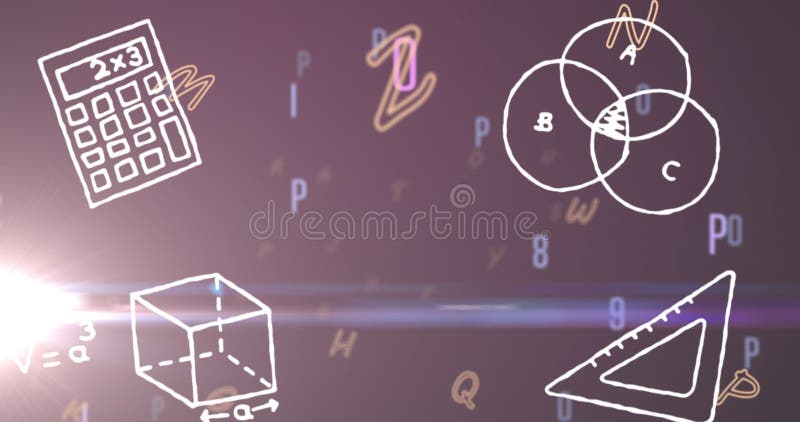 Animation numérique des formes géométriques contre des chiffres et des alphabets changeants contre le purp multiples illustration stock