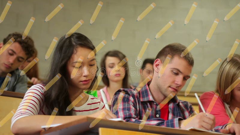 Animation off over falling pencils over diverse students in class at school stock video