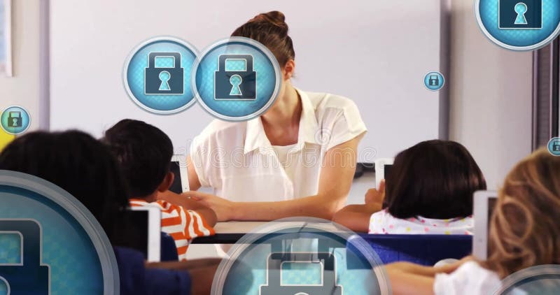 Animation of padlock in circles over diverse female teacher assisting boy in using digital tablet stock illustration