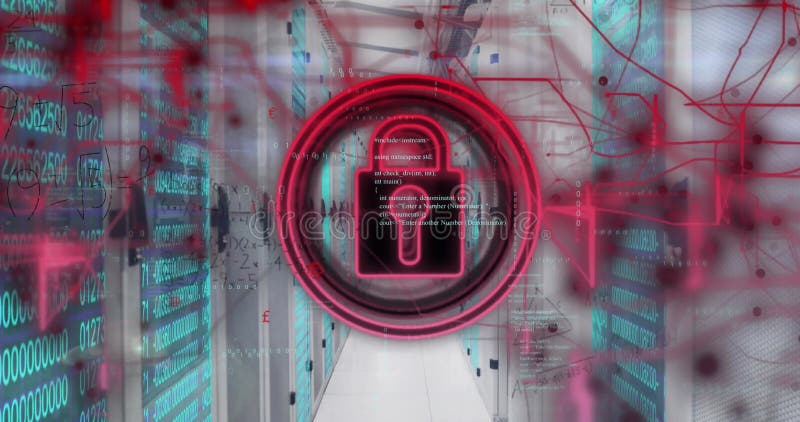 Animation of padlock icon with data processing over server room vector illustration