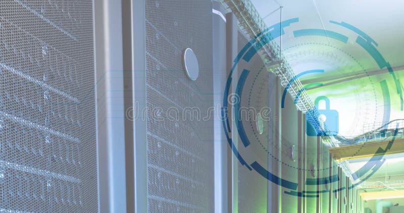 Animarea lacătului în cercurile de încărcare prin rackuri de servere de date din camera serverului vector illustration