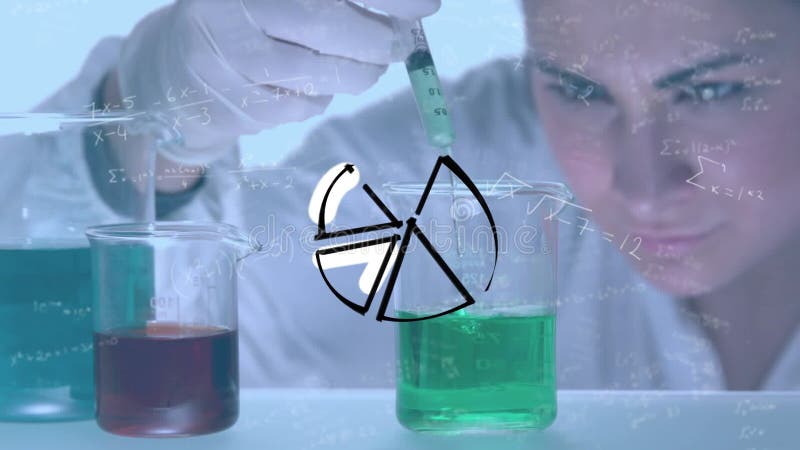Animation of pie chart, math equations, caucasian scientist pouring liquid with syringe in beaker stock footage