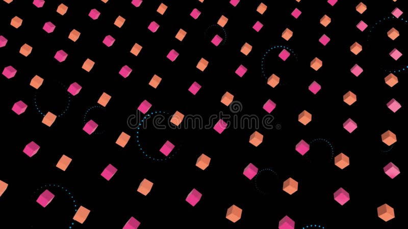 Animation of pink and orange cubes with dotted circles on black background royalty free illustration