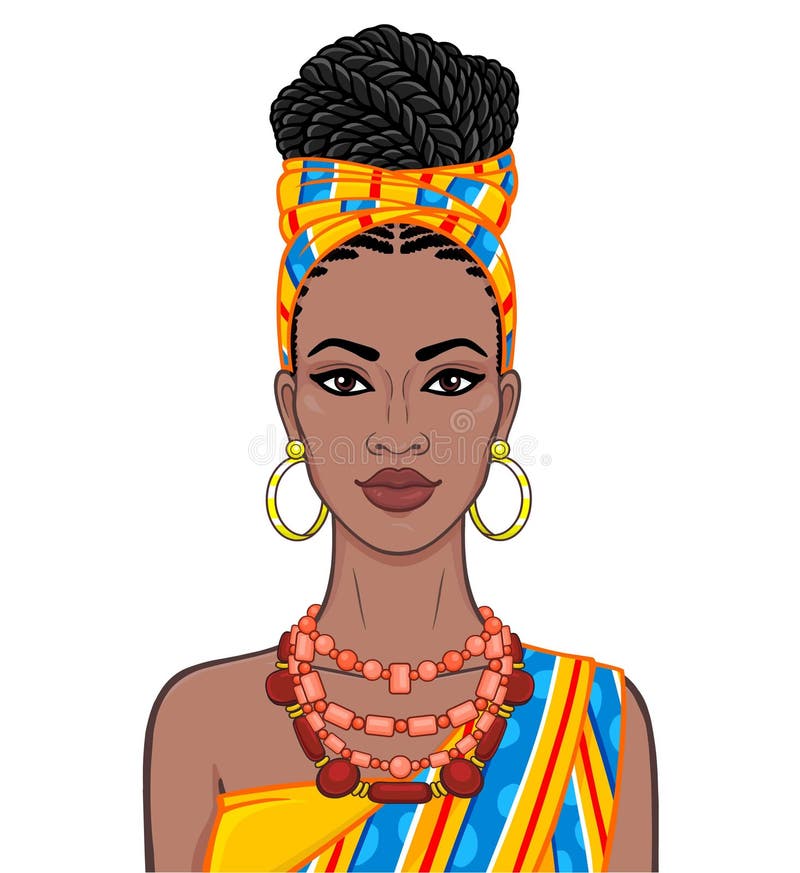 Animation Portrait of the Beautiful Black Woman in a Orange Turban and  Ethnic Jewelry. Stock Vector - Illustration of hairstyle, color: 144838591