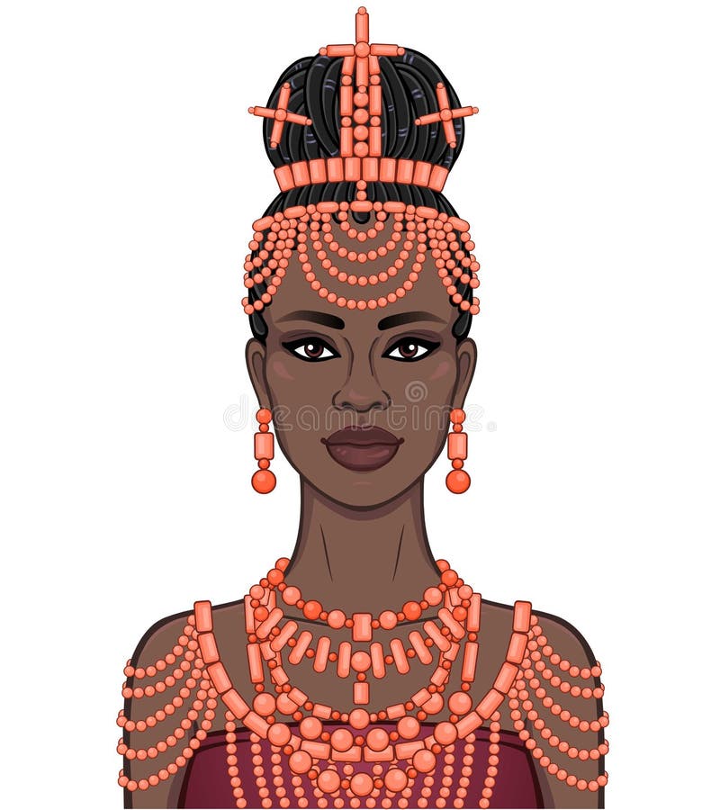 Animation portrait of the beautiful  black woman in a traditional ethnic jewelry. Princess, Bride, Goddess.