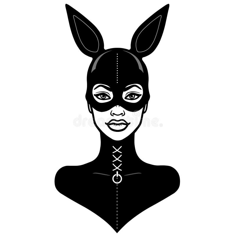 Animation portrait of the beautiful girl in a black latex suit and mask rabbit. Template for erotic content. Vector illustration isolated on a white background. Print, poster, t-shirt, card, emblem.