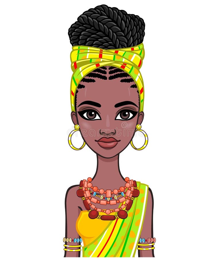 Animation Portrait of a Young African Woman in a Turban and Ethnic ...