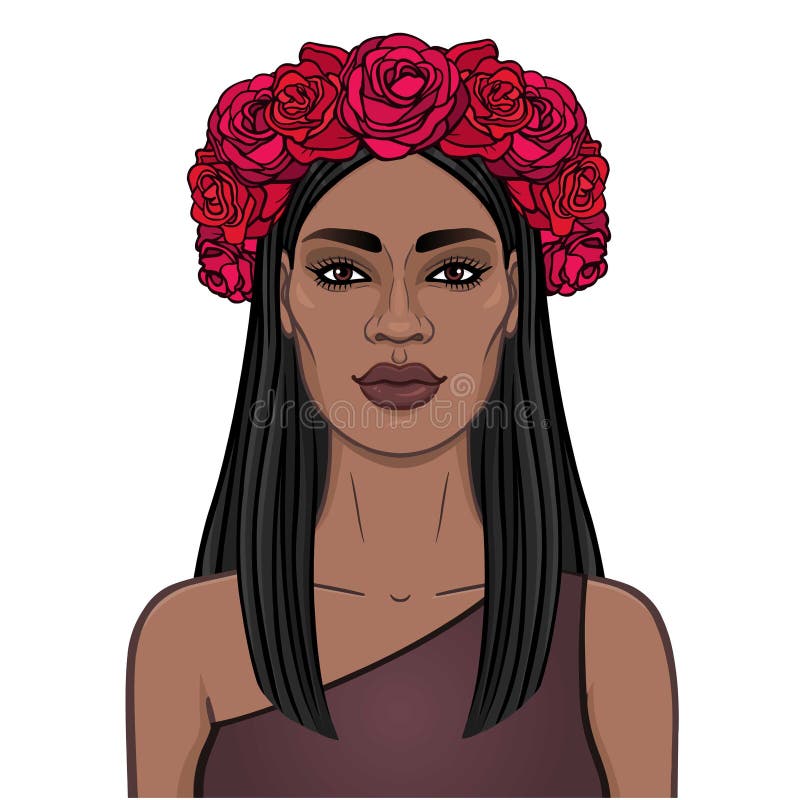 Animation portrait of the young beautiful African woman with long black hair and wreath of red roses. stock illustration Animation portrait of the young beautiful African woman with long black hair and wreath of red roses. stock illustration