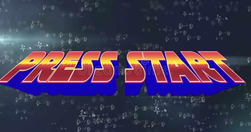 Animation of press start over black background with math formulas stock video
