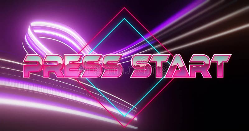 Animation of press start text over neon pattern background stock footage