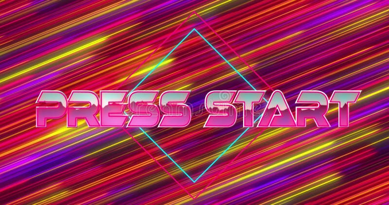 Animation of press start text over neon pattern background stock video footage