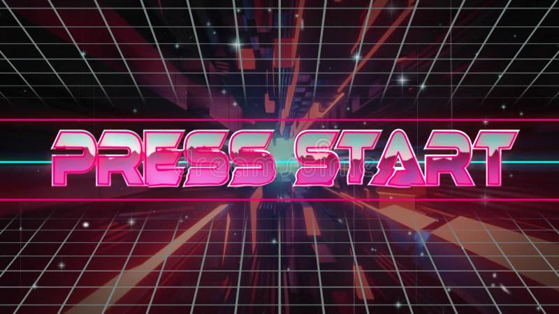 Animation of press start text over neon pattern background stock footage