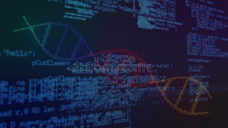 Animation of processing blue data and colourful dna helix rotating on dark screen stock illustration
