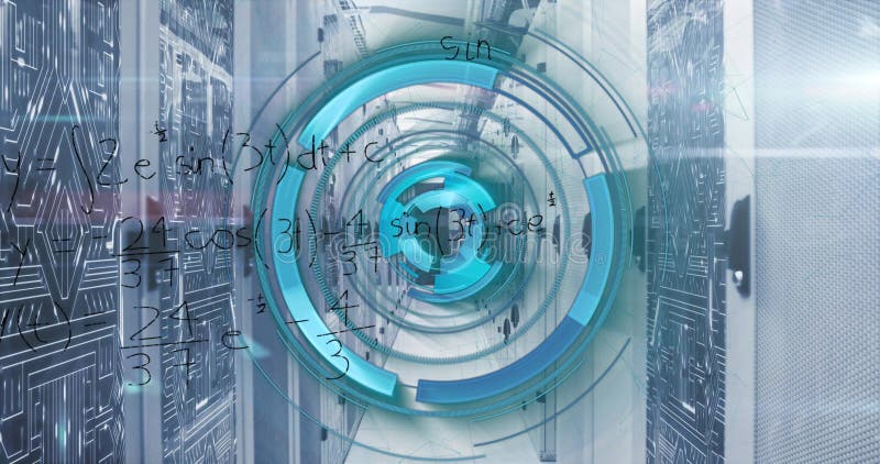Animation of processing circle and math formulas over servers stock illustration