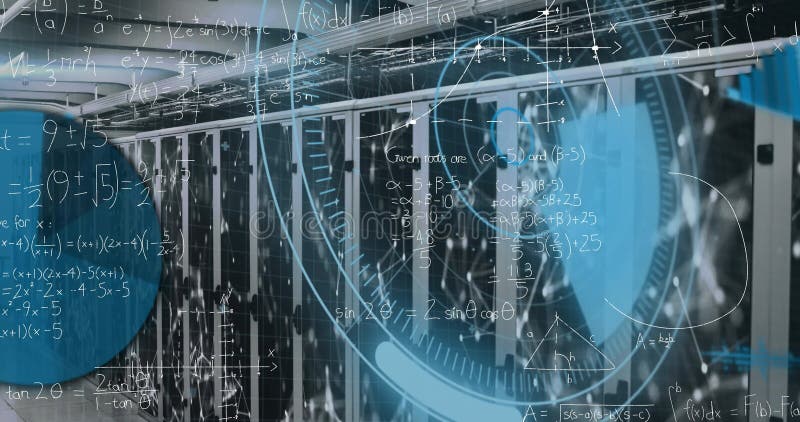 Animation of processing circle and math formulas over servers vector illustration