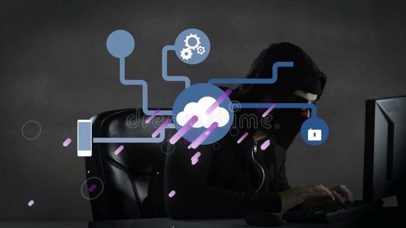 Animation of purple shapes and connections with tech icons over caucasian male hacker stock illustration