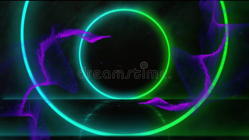 Animation of purple shapes over neon circles vector illustration