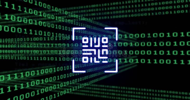 Animation of qr code and binary coding digital data processing. Global connections, computing and data processing concept digitally generated video. Binary coding data processing video